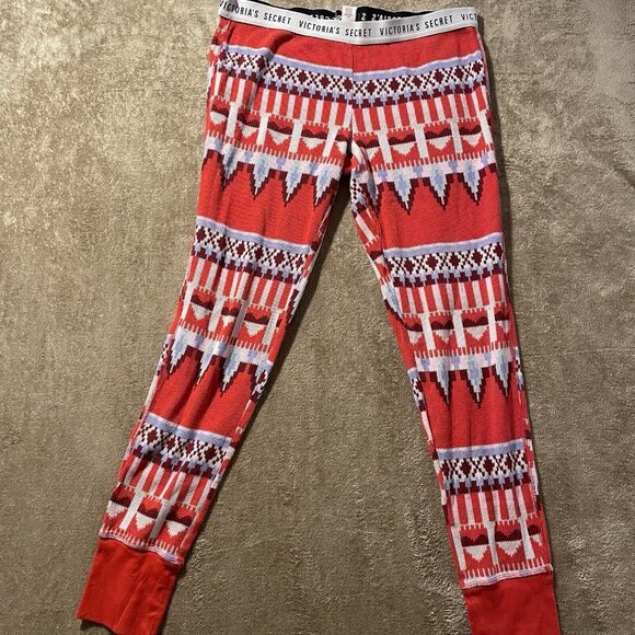 Victoria’s Secret Pajamas Women's Sz S Set Red  Fair Isle Holiday Thermal Pjs - Picture 4 of 6